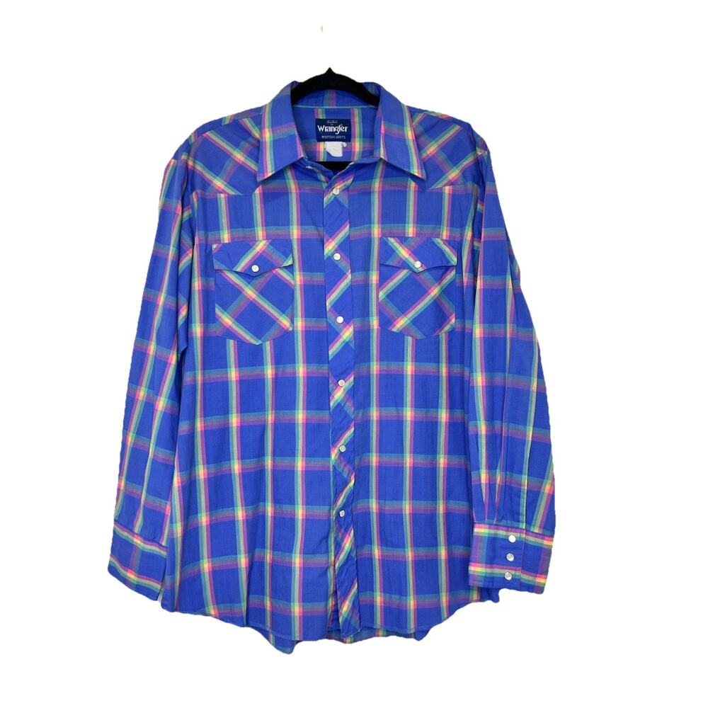 Vintage Wrangler Mens Western Button Down L Cowboy‎ Brush Popper 16 By 16 1/2